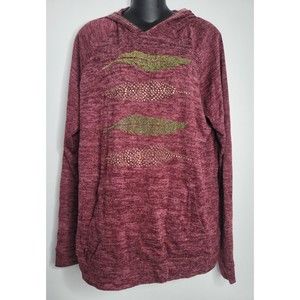 SJS Womens Hoodie Shirt 2X Heathered Red‎ Gold Feathers Pockets NEW Soft